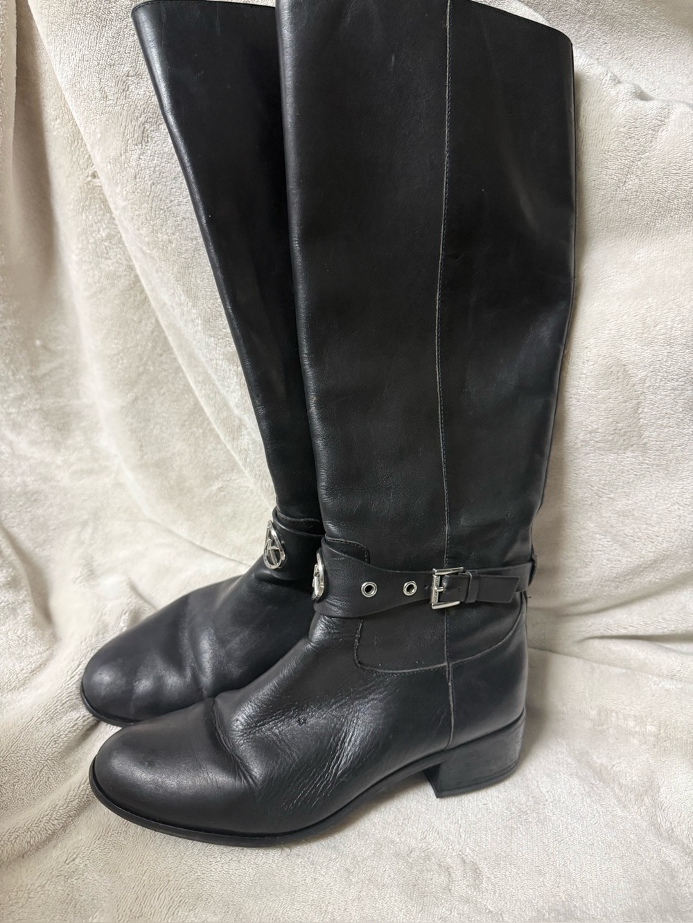 Michael Kors Black Leather Knee-High Buckle Riding Boots